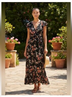 Floral Wrap Maxi Dress in Black with Pink and Green Accents